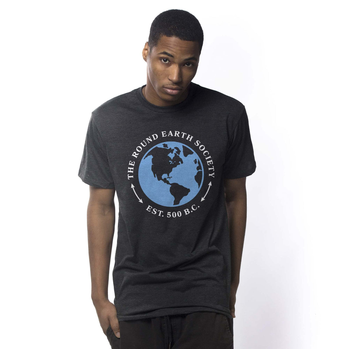 Men's Round Earth Society Cool Graphic T-Shirt | Funny Flat Earther Parody Tee On Model | Solid Threads