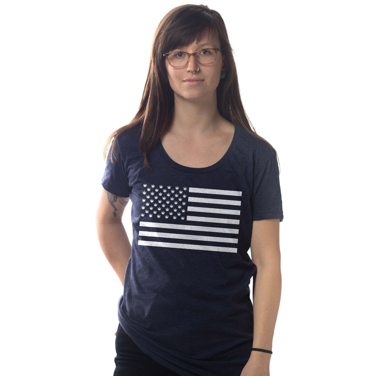 Women's United Weed Stand Graphic T-Shirt | Cool Cannabis American Flag Tee On Model | Solid Threads