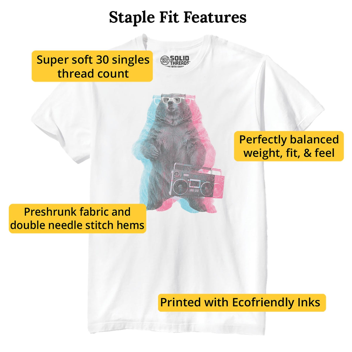 Boombox Bear Vintage Staple T-shirt in White - Fit Attributes