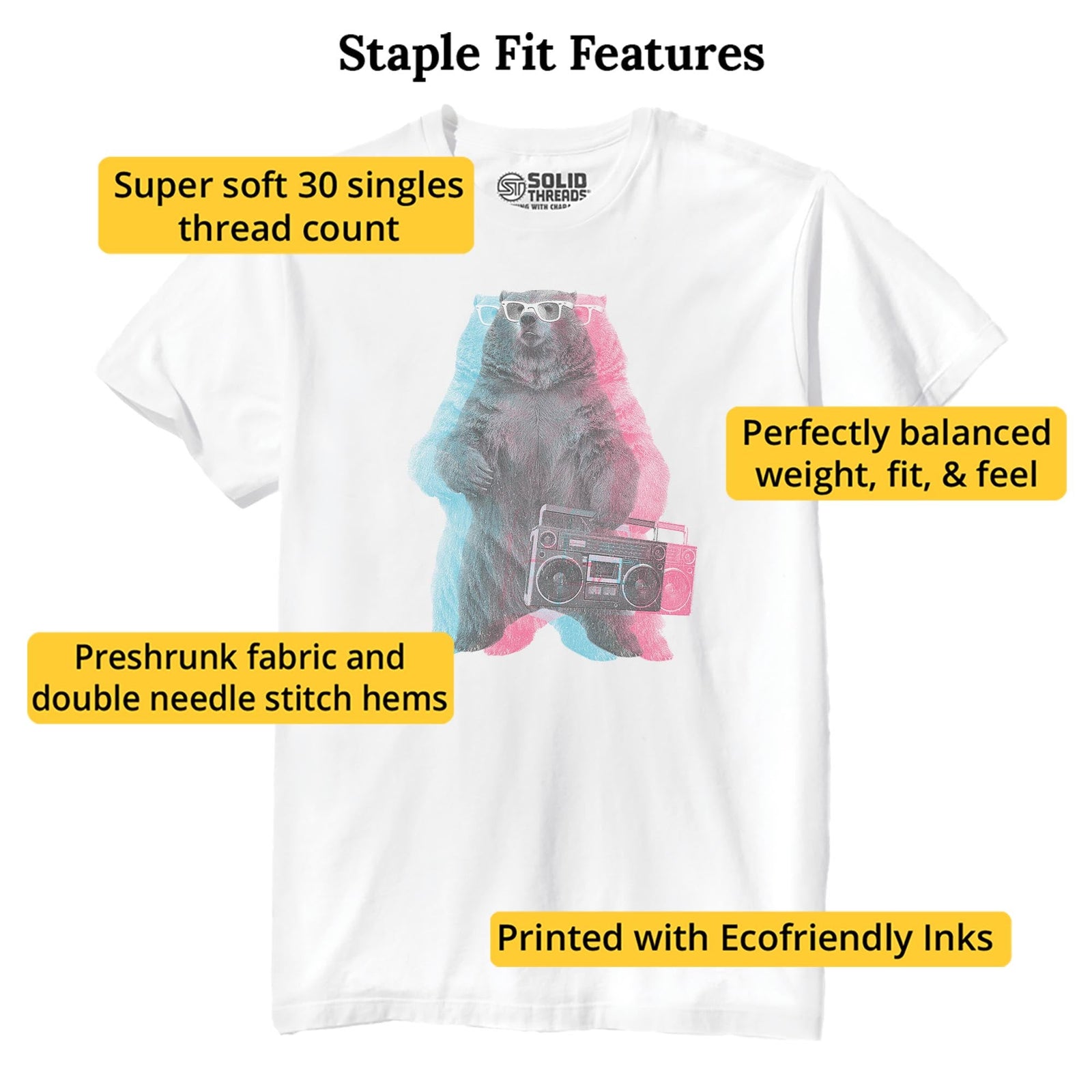 Boombox Bear Vintage Staple T-shirt in White - Fit Attributes