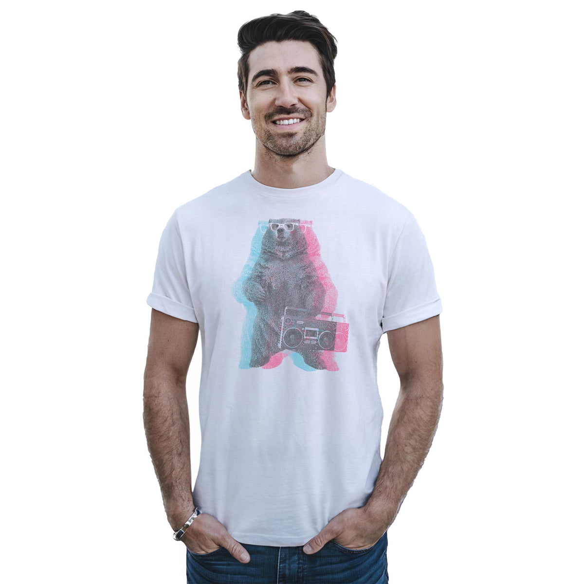 Boombox Bear Vintage Staple T-shirt in White On Model - Front View