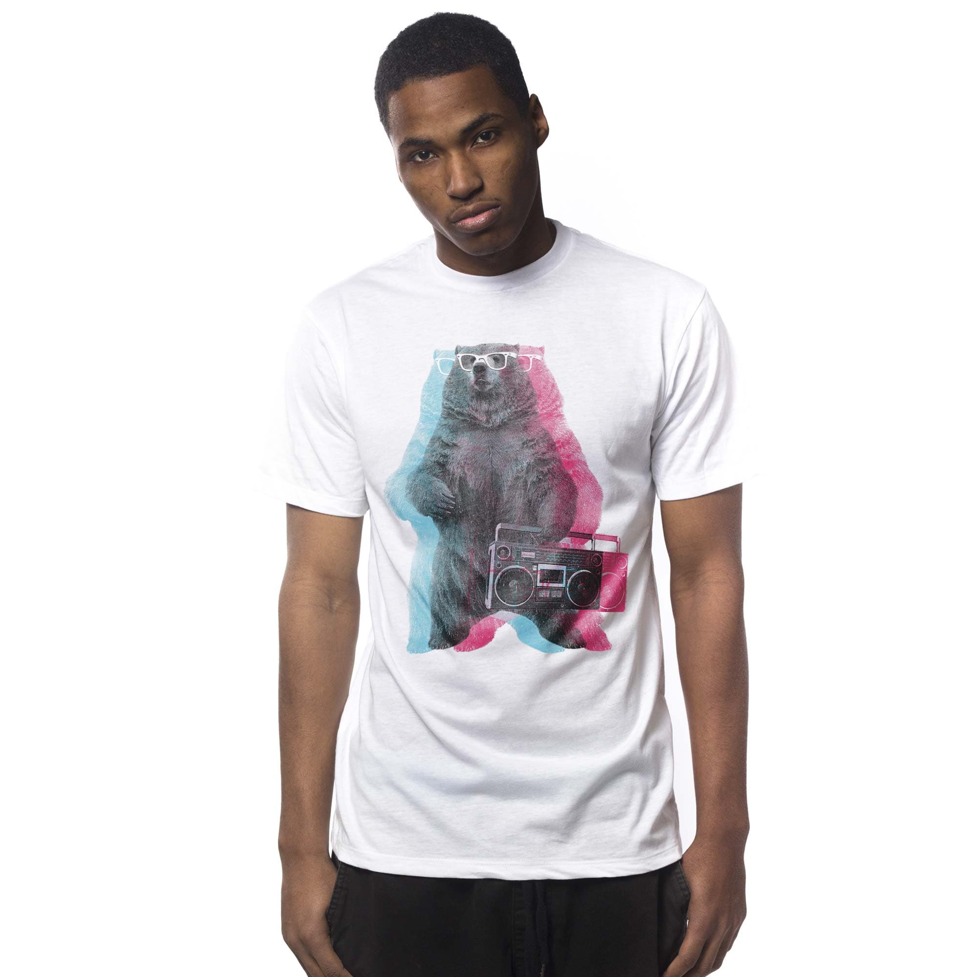 Men's Boombox Bear Vintage Graphic T-Shirt | Cool 3D Retro  Tee On Model | Solid Threads