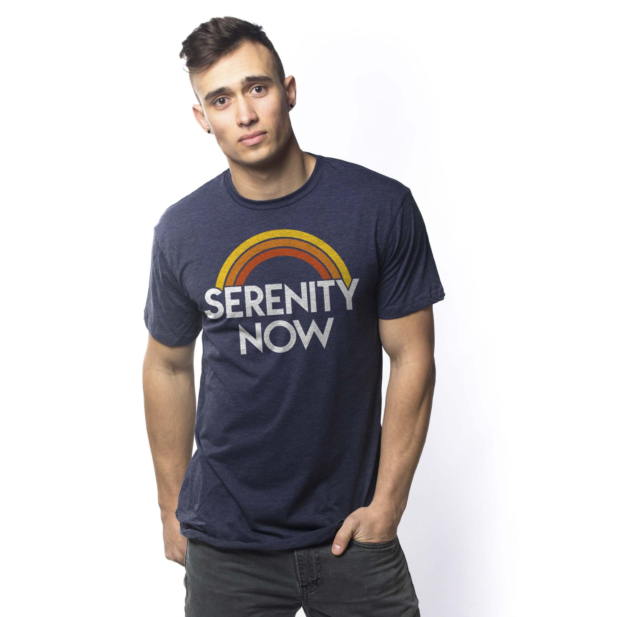 Men's Serenity Now Designer Graphic T-Shirt | Cool Rainbow Meditation Tee On Model | Solid Threads