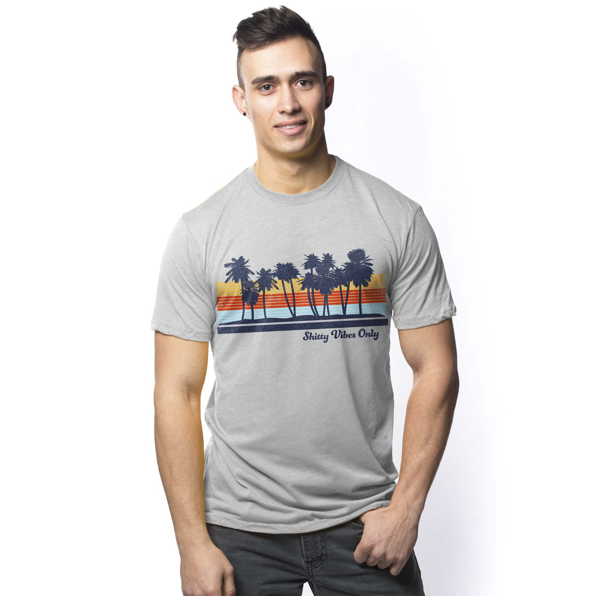 Men's Shitty Vibes Only Cool Beach Graphic T-Shirt | Vintage Palm Trees Tee On Model | Solid Threads