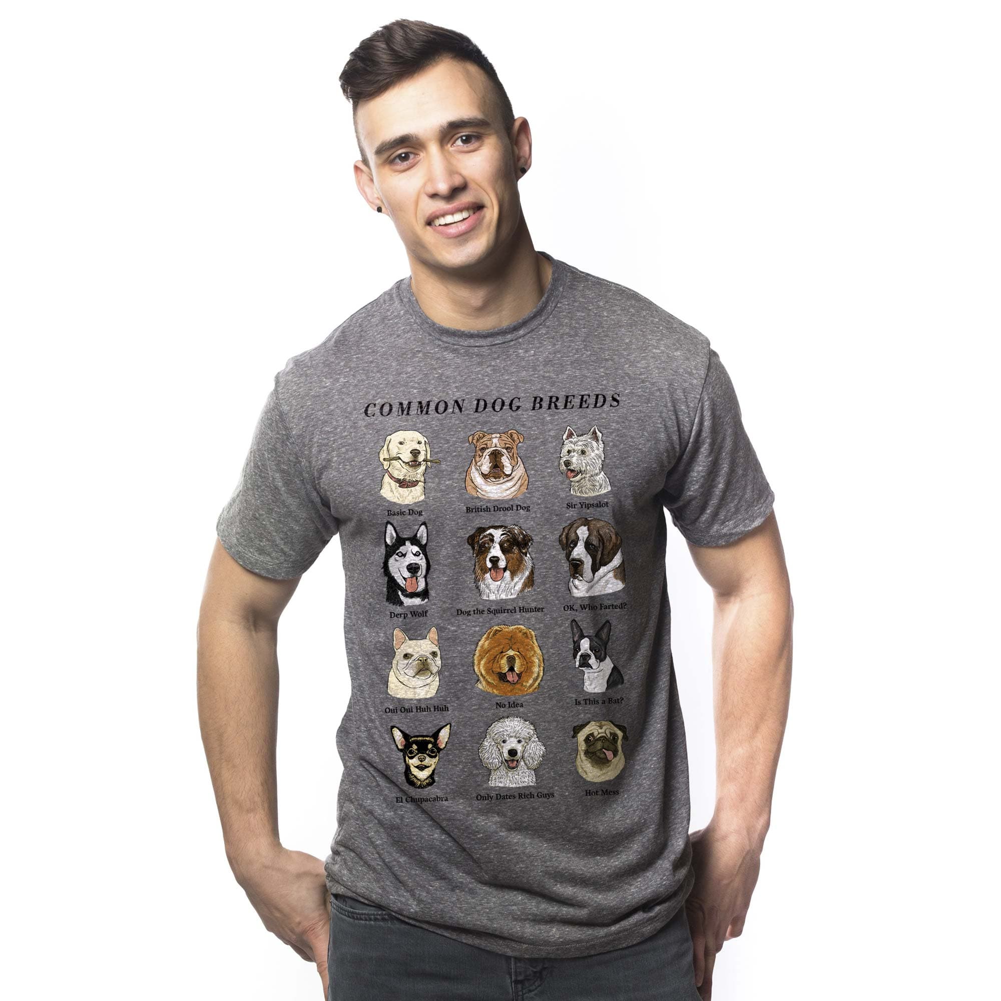 Men's Common Dog Breeds Vintage Graphic T-Shirt | Funny Animal Chart Tee On Model | Solid Threads