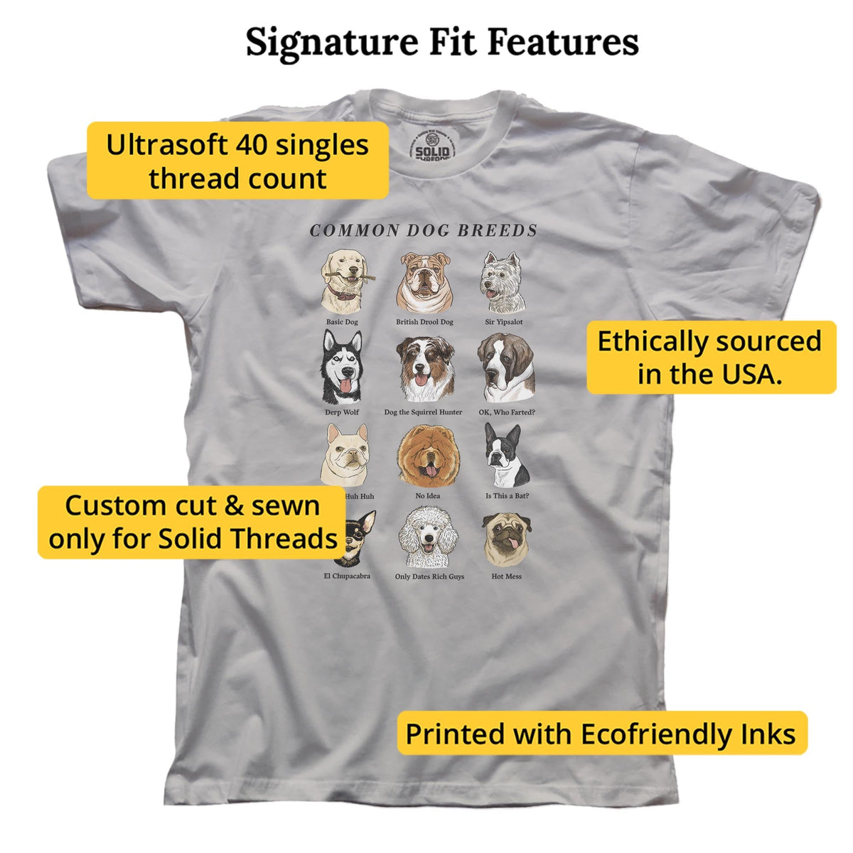 Common Dog Breeds Vintage Signature T-shirt in Silver - Fit Attributes