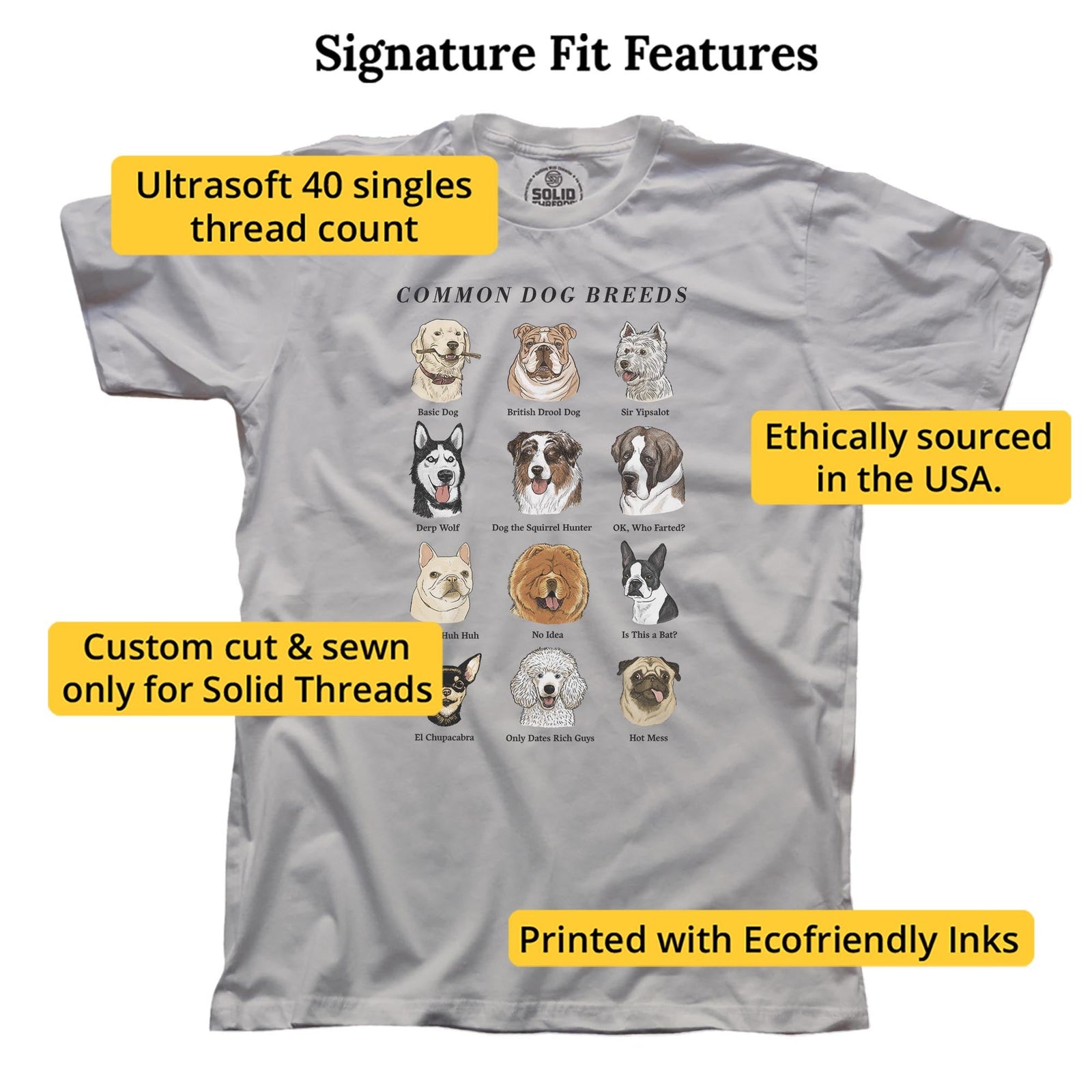 Common Dog Breeds Vintage Signature T-shirt in Silver - Fit Attributes