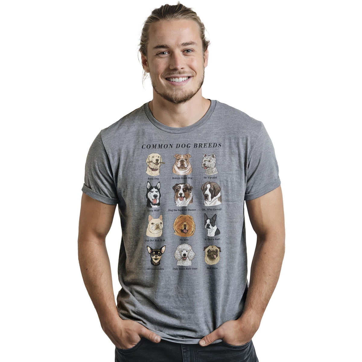 Common Dog Breeds Vintage Staple T-shirt in Ash Heather On Model - Front View