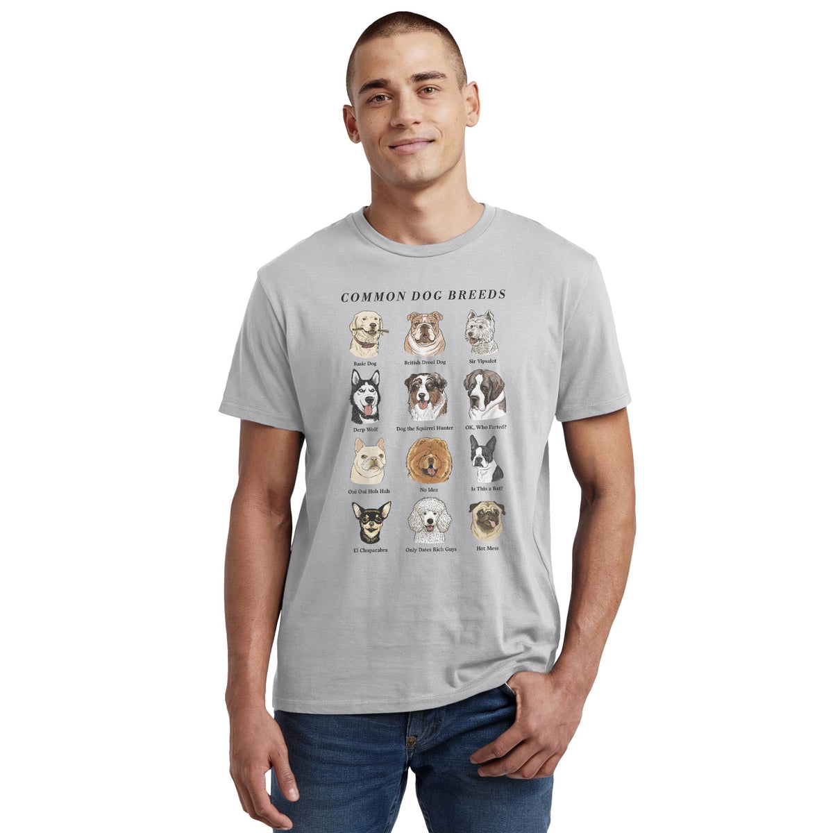 Common Dog Breeds Vintage Staple T-shirt in Silver On Model - Front View