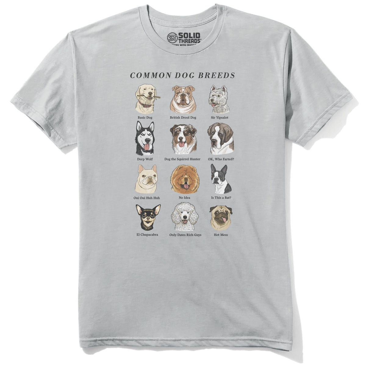 Common Dog Breeds Vintage Staple T-shirt in Silver - Front View