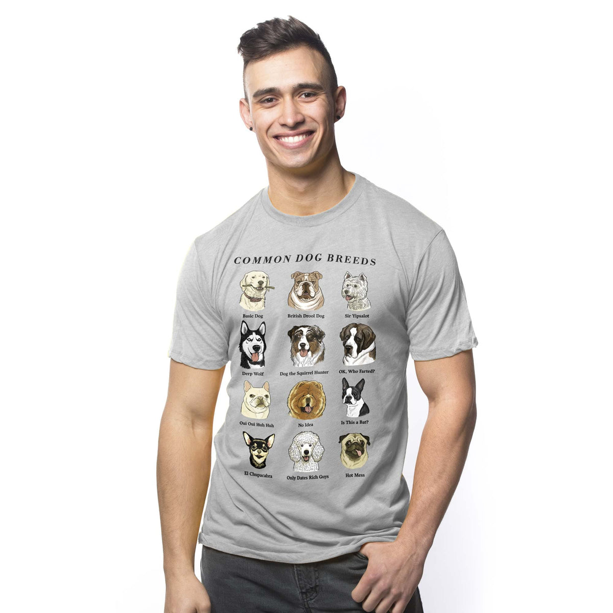 Men's Common Dog Breeds Vintage Graphic T-Shirt | Funny Animal Chart Tee On Model | Solid Threads