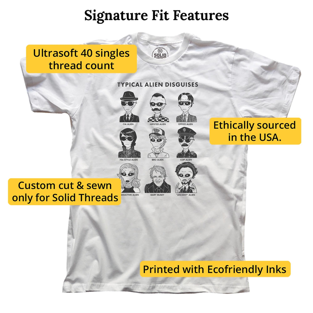 Typical Alien Disguises Funny Signature T-shirt in White - Fit Attributes