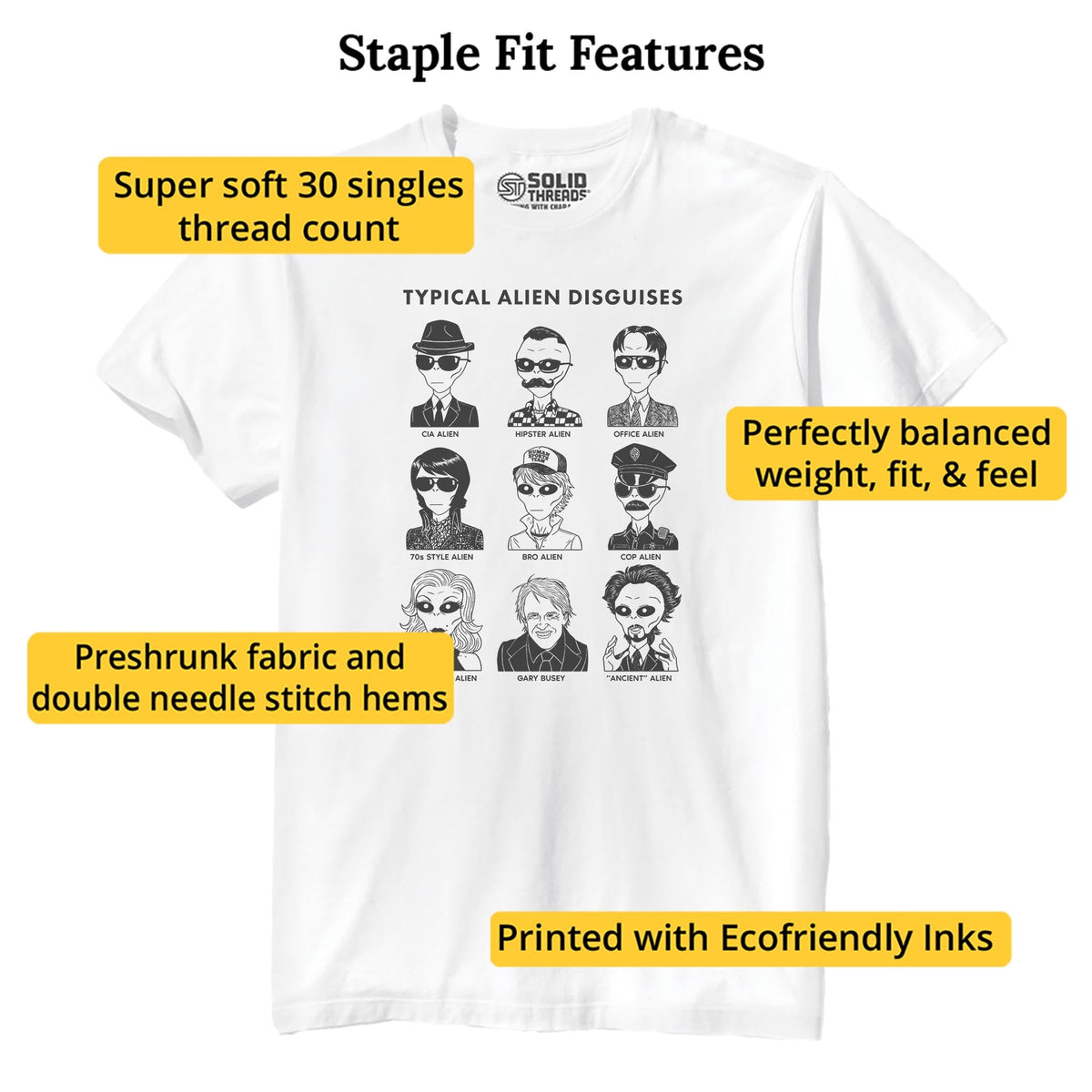 Typical Alien Disguises Funny Staple T-shirt in White - Fit Attributes