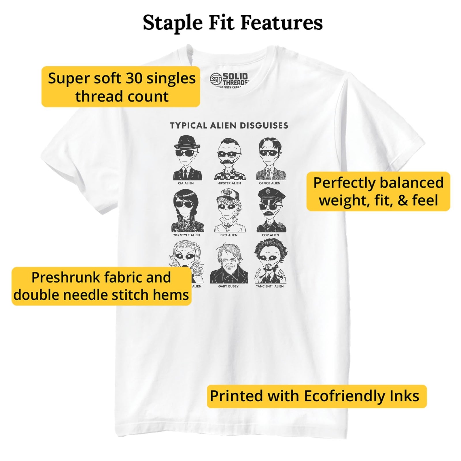 Typical Alien Disguises Funny Staple T-shirt in White - Fit Attributes