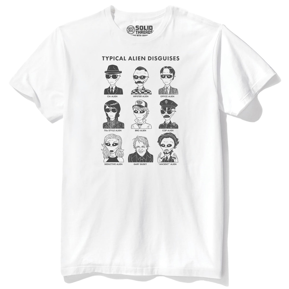 Typical Alien Disguises Funny Staple T-shirt in White - Front View
