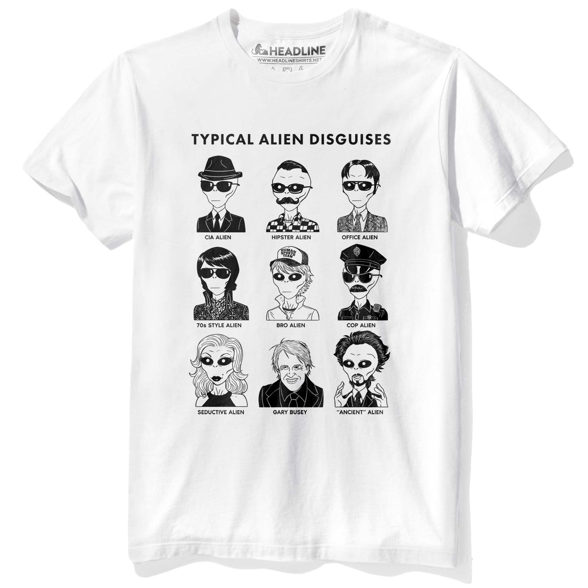Men&#39;s Typical Alien Disguises Funny Sci Fi Graphic T-Shirt | Cool UFO Conspiracy Tee | Solid Threads