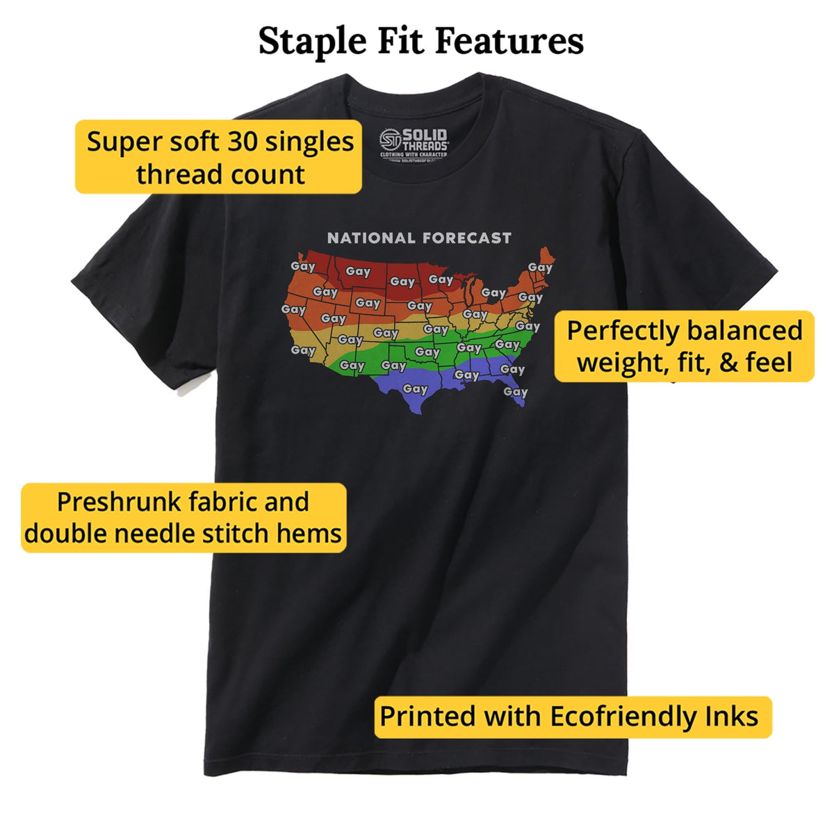 Gay Weather Forecast Funny Staple T-shirt in Black - Fit Attributes