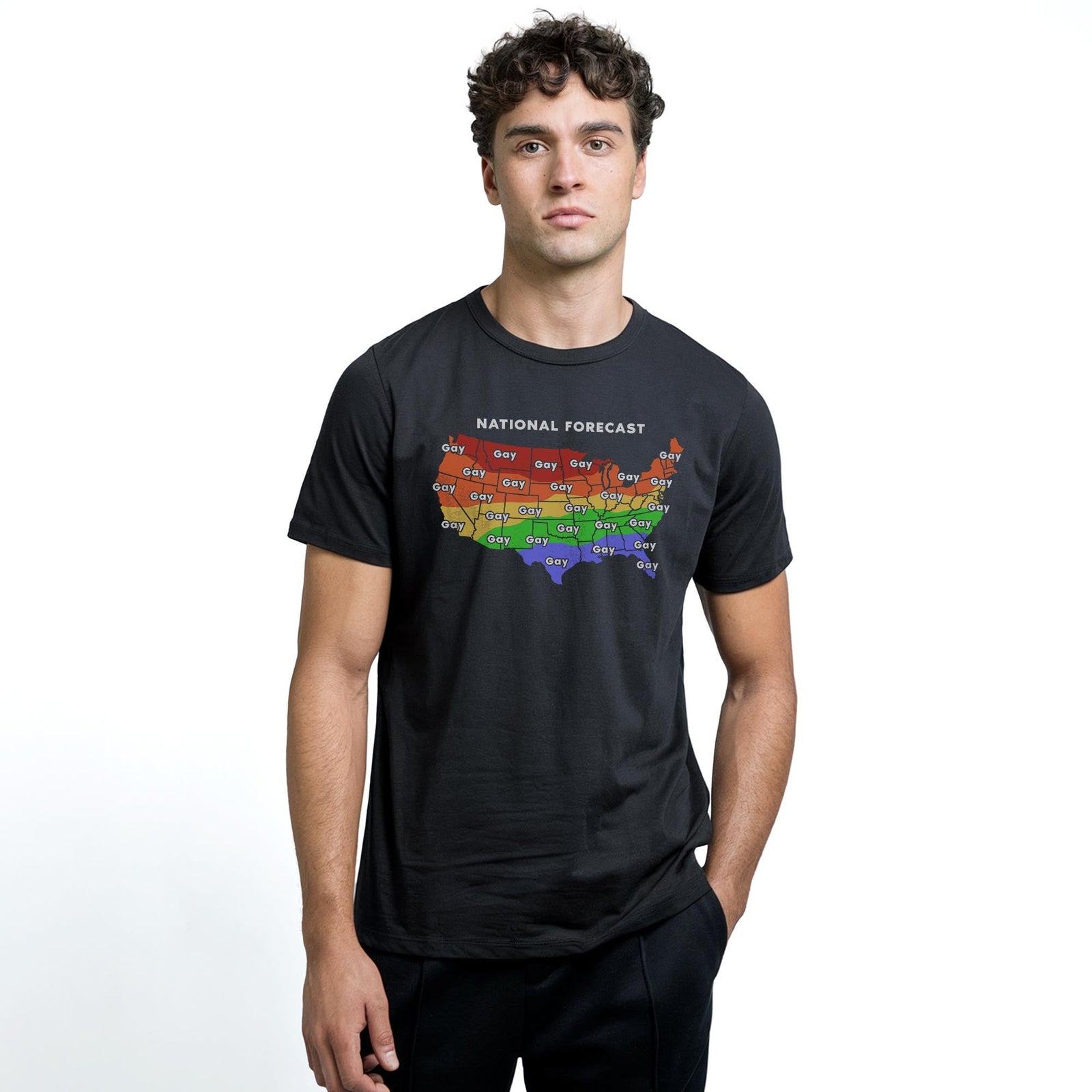 Gay Weather Forecast Funny Staple T-shirt in Black On Model - Front View