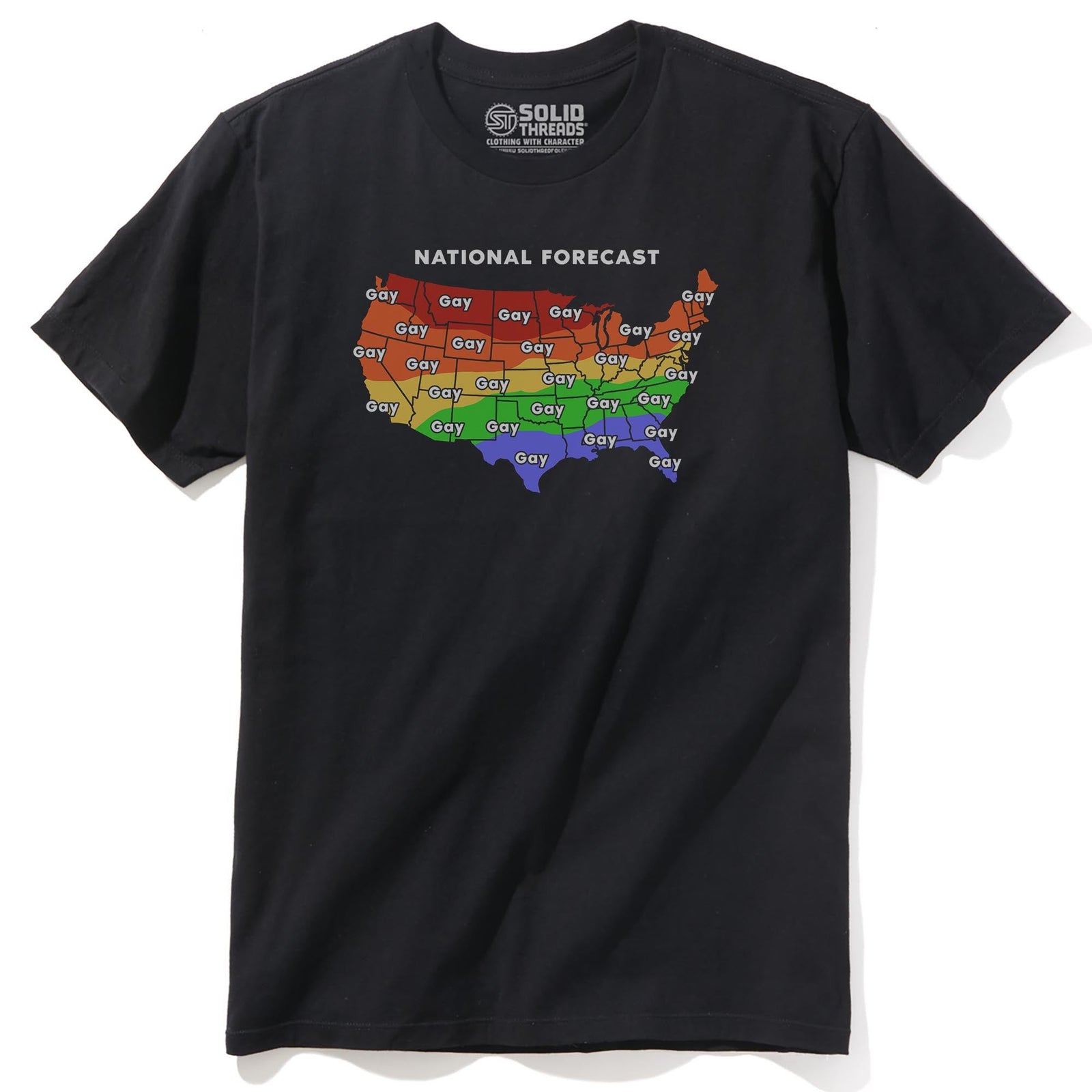 Gay Weather Forecast Funny Staple T-shirt in Black - Front View
