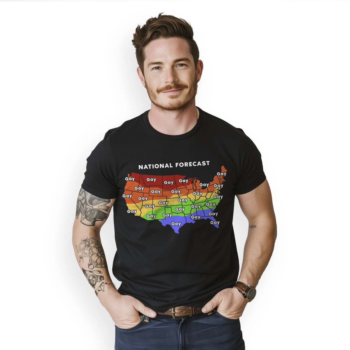 Men's Gay Weather Forecast Funny Graphic T-Shirt | Designer Pride Lbgtq  Tee On Model | Solid Threads