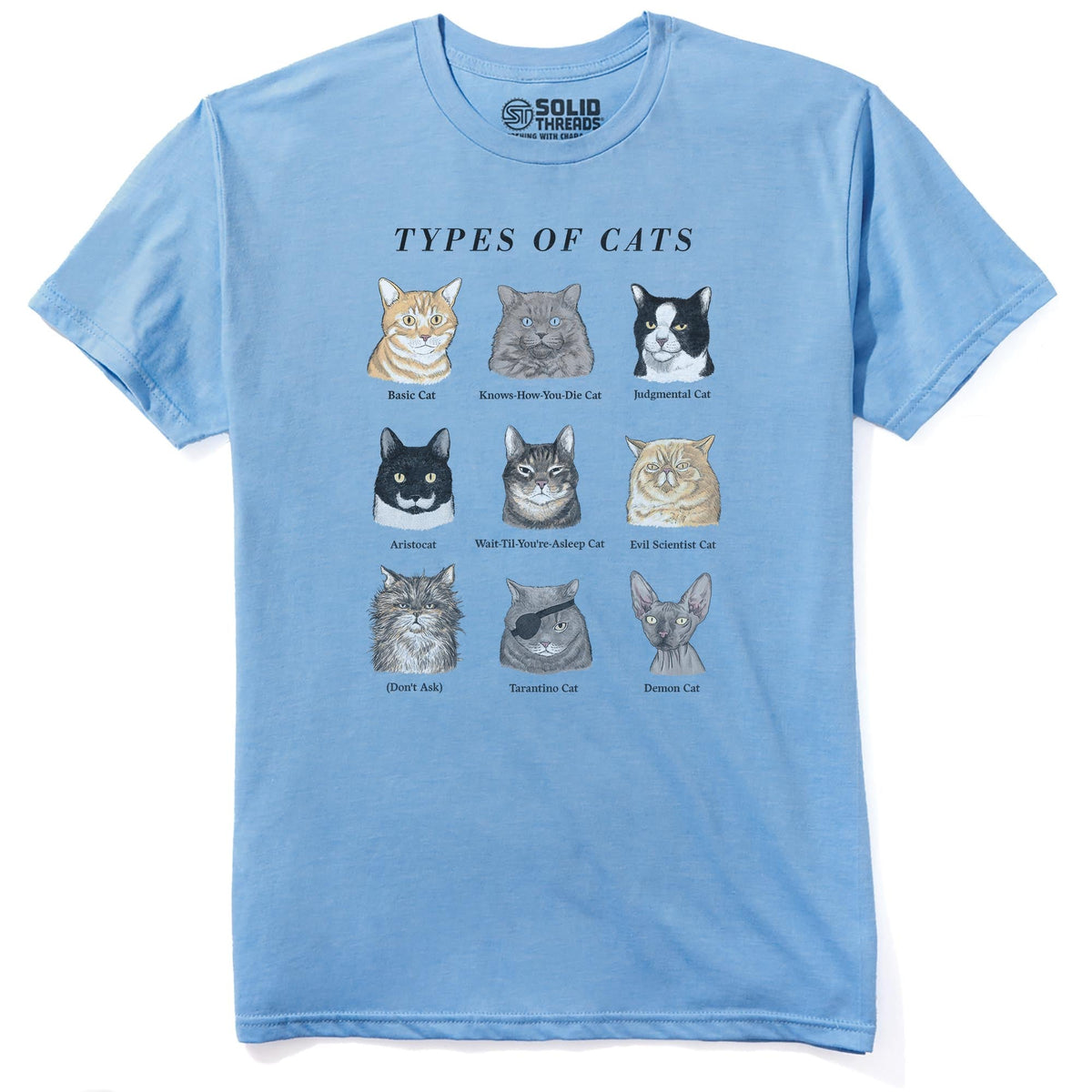 Types Of Cats Vintage Staple T-shirt in Light Blue Heather - Front View