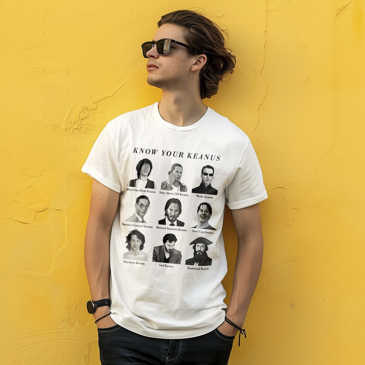 Men's Know Your Keanus Funny Graphic T-Shirt | Designer Keanu Reeves Moods Tee On Model | Solid Threads