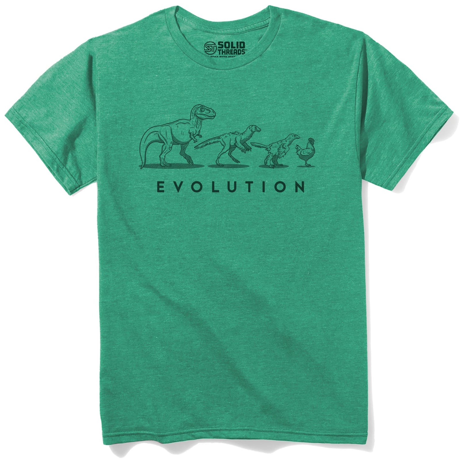 Evolution Of The Dinosaur Cool Staple T-shirt in Kelly Heather - Front View