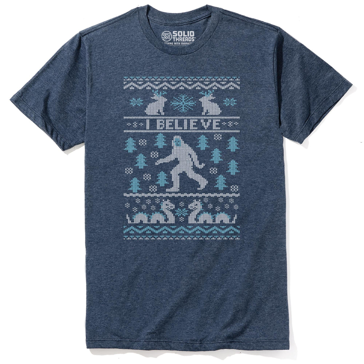 Cryptid Christmas Sweater Designer Staple T-shirt in Navy Heather - Front View