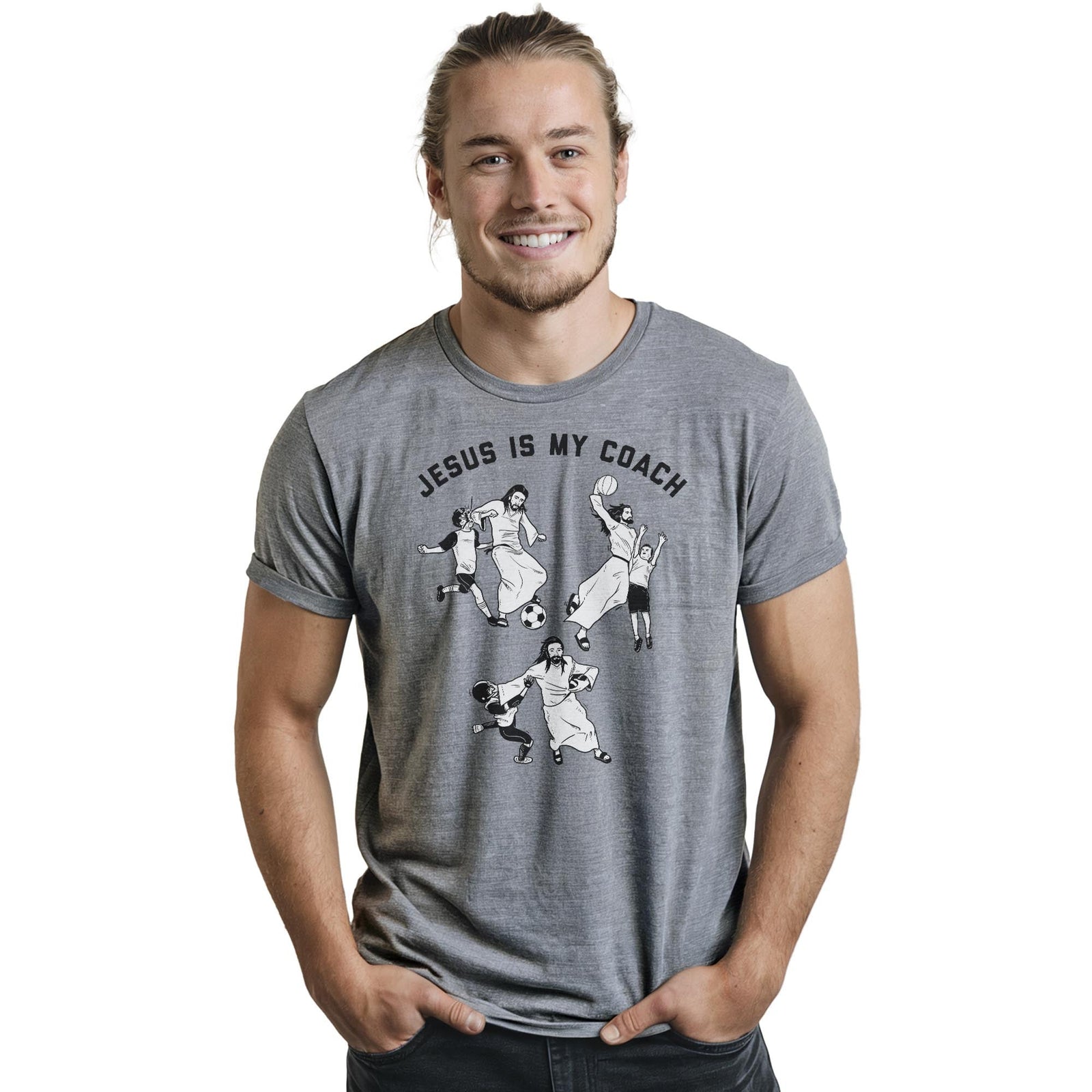 Jesus Is My Coach Funny Staple T-shirt in Ash Heather On Model - Front View