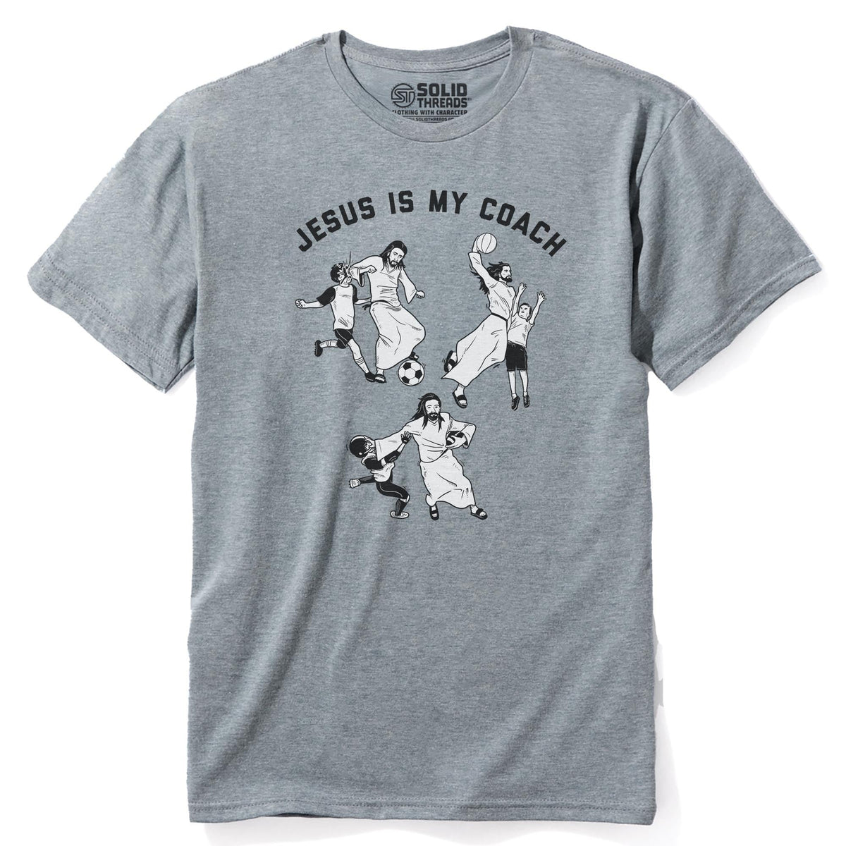 Jesus Is My Coach Funny Staple T-shirt in Ash Heather - Front View