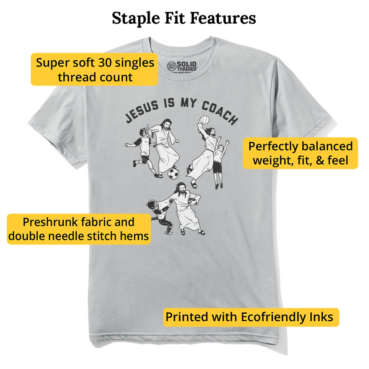 Jesus Is My Coach Funny Staple T-shirt in Silver - Fit Attributes