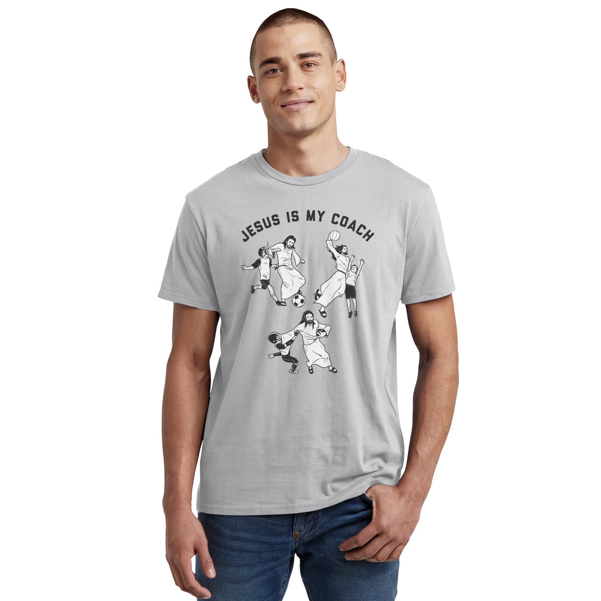 Jesus Is My Coach Funny Staple T-shirt in Silver On Model - Front View