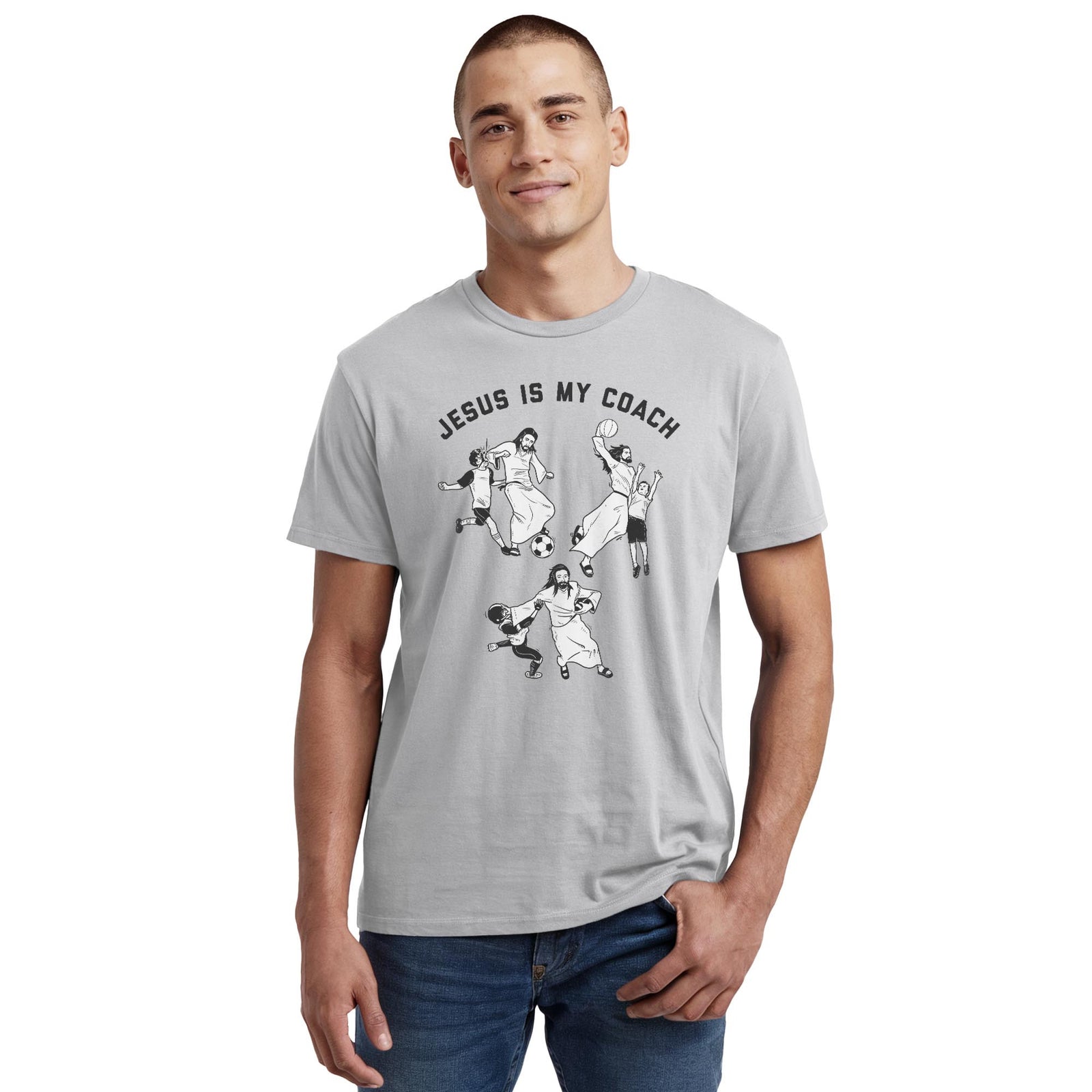 Jesus Is My Coach Funny Staple T-shirt in Silver On Model - Front View