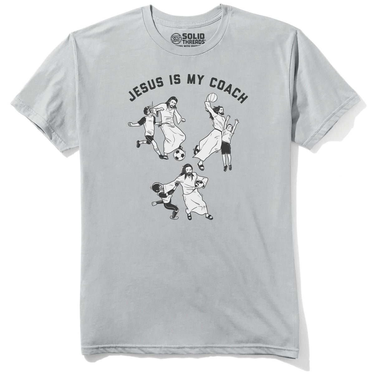 Jesus Is My Coach Funny Staple T-shirt in Silver - Front View