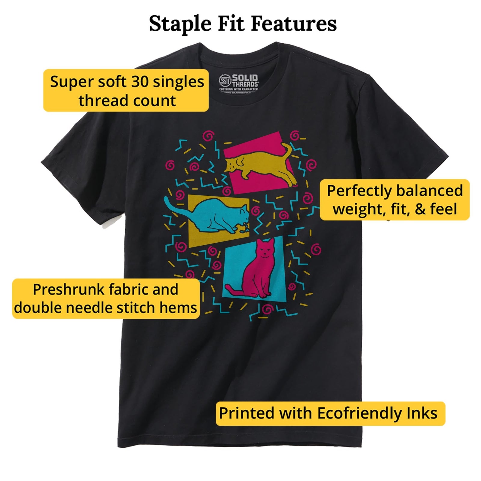 Nineties Cats Funny Staple T-shirt in Black - Fit Attributes