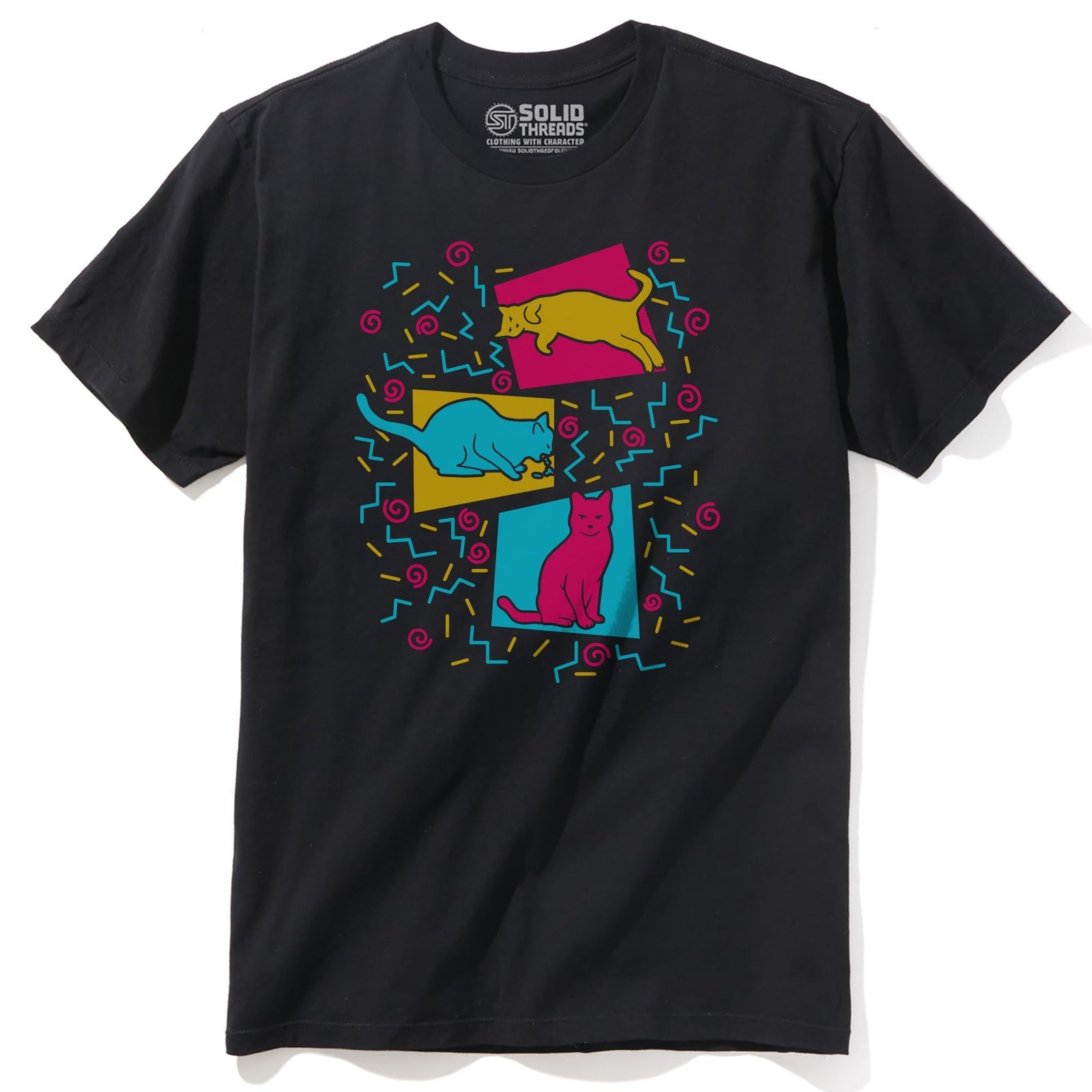 Nineties Cats Funny Staple T-shirt in Black - Front View