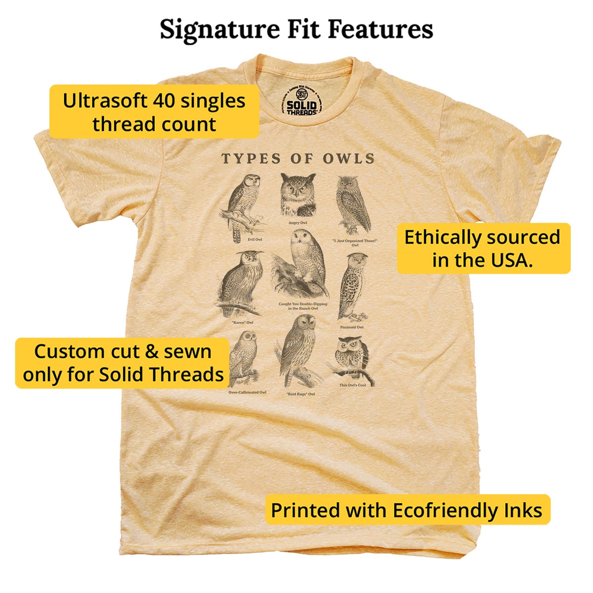 Types Of Owls Funny Signature T-shirt in Triblend Gold - Fit Attributes