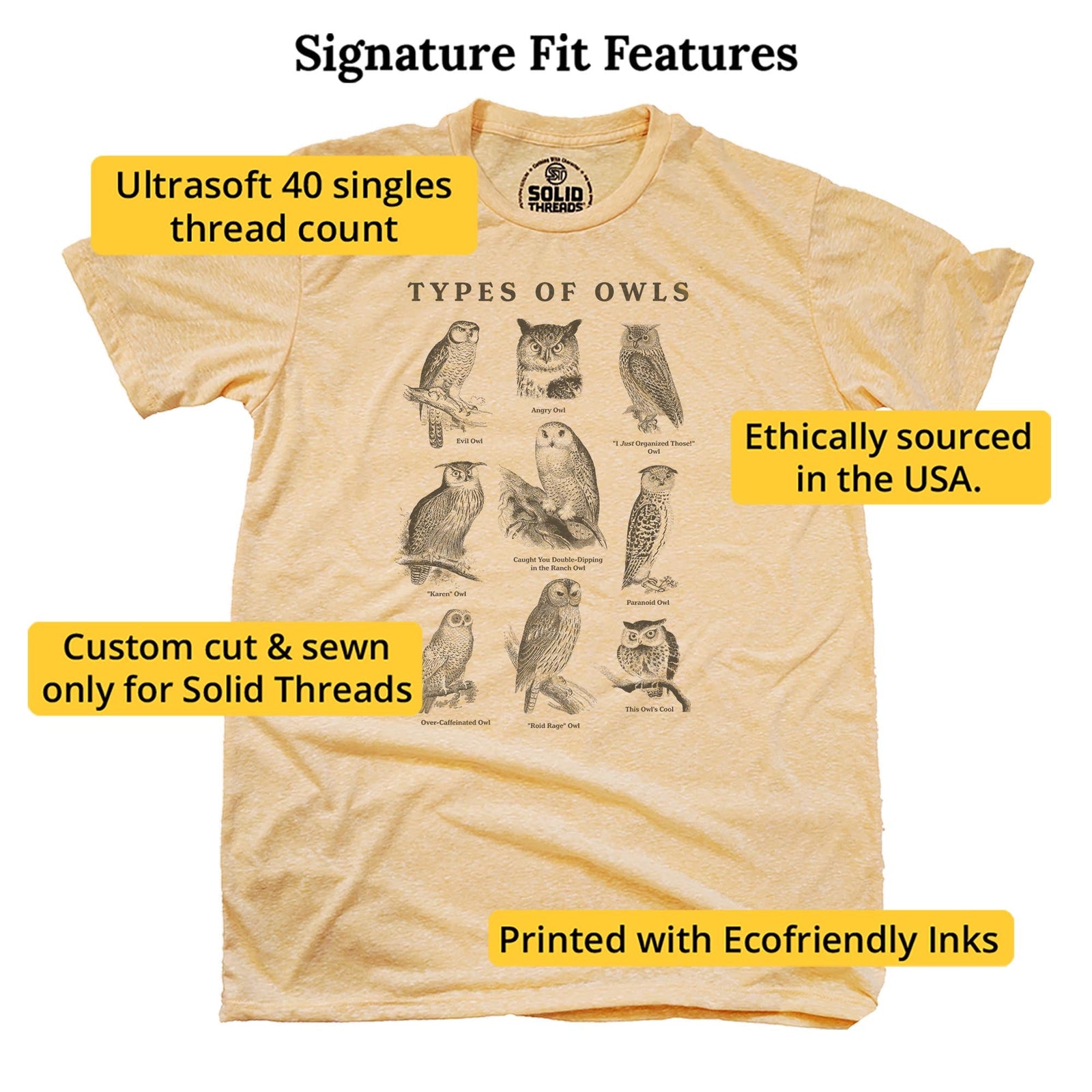 Types Of Owls Funny Signature T-shirt in Triblend Gold - Fit Attributes