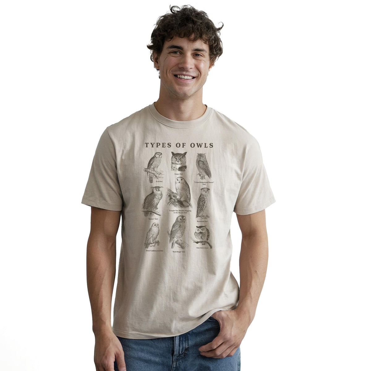 Types Of Owls Funny Staple T-shirt in Natural On Model - Front View