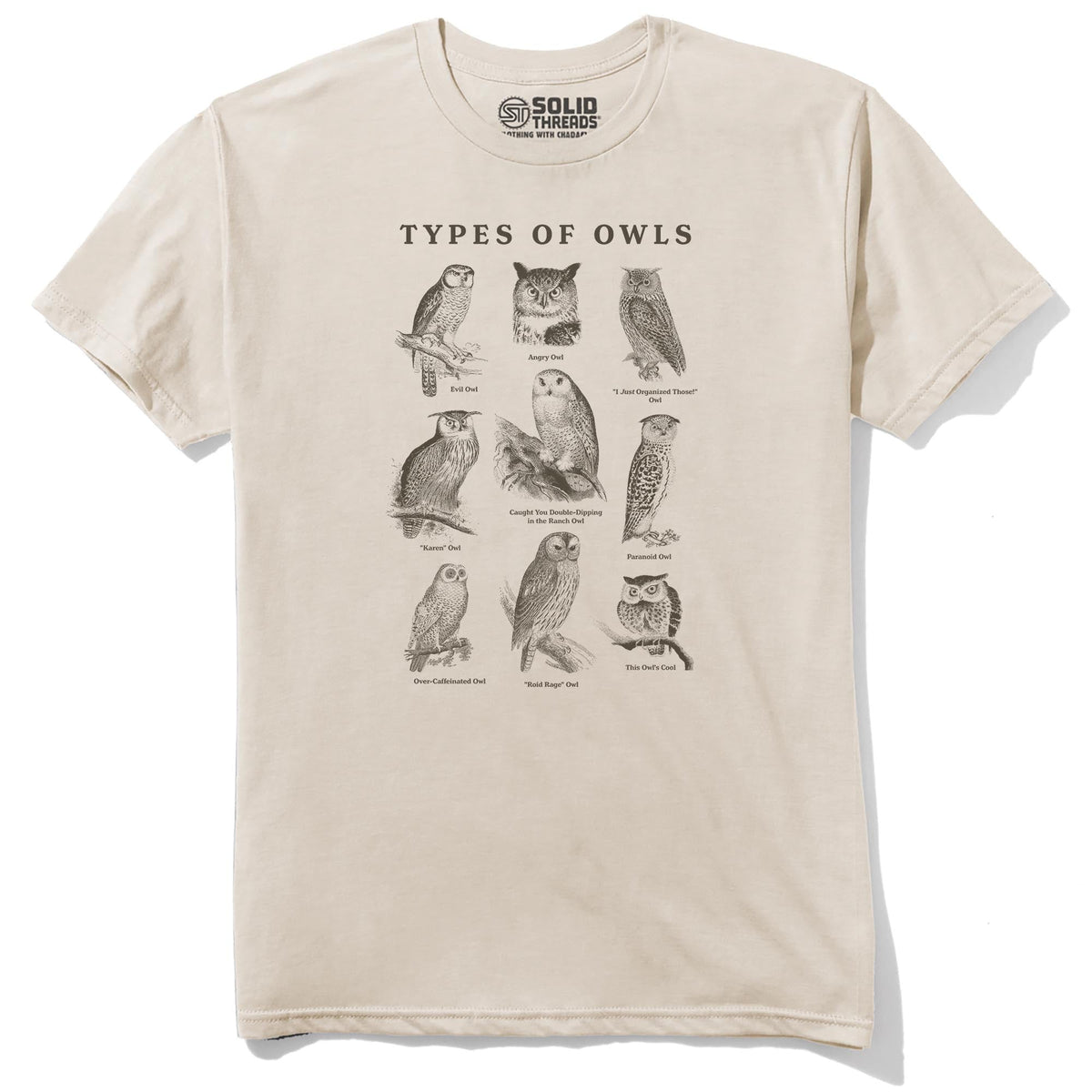Types Of Owls Funny Staple T-shirt in Natural - Front View