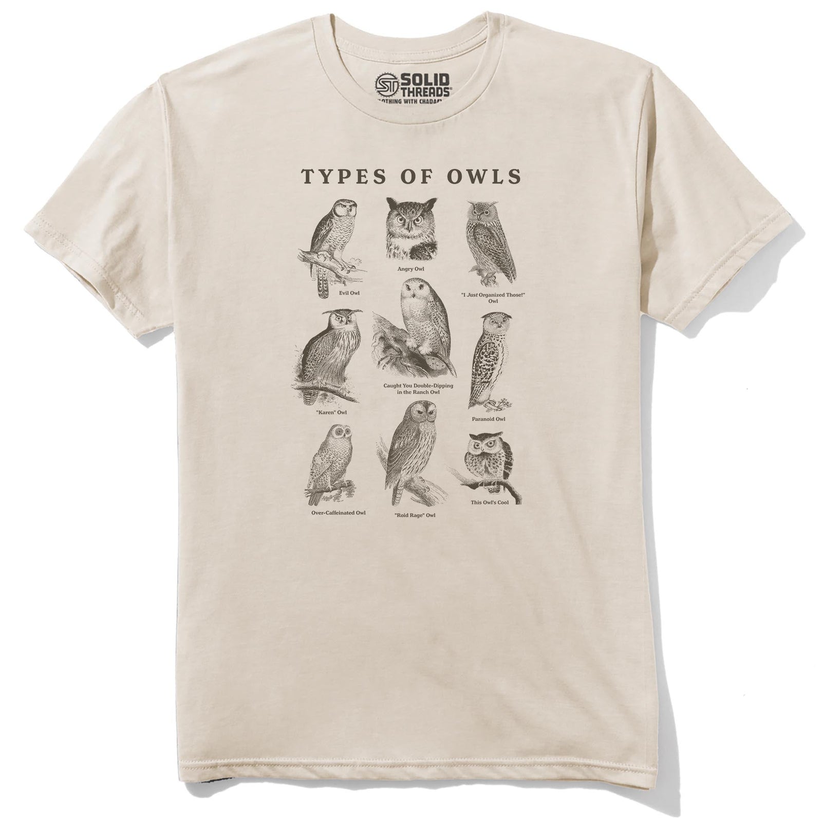 Types Of Owls Funny Staple T-shirt in Natural - Front View