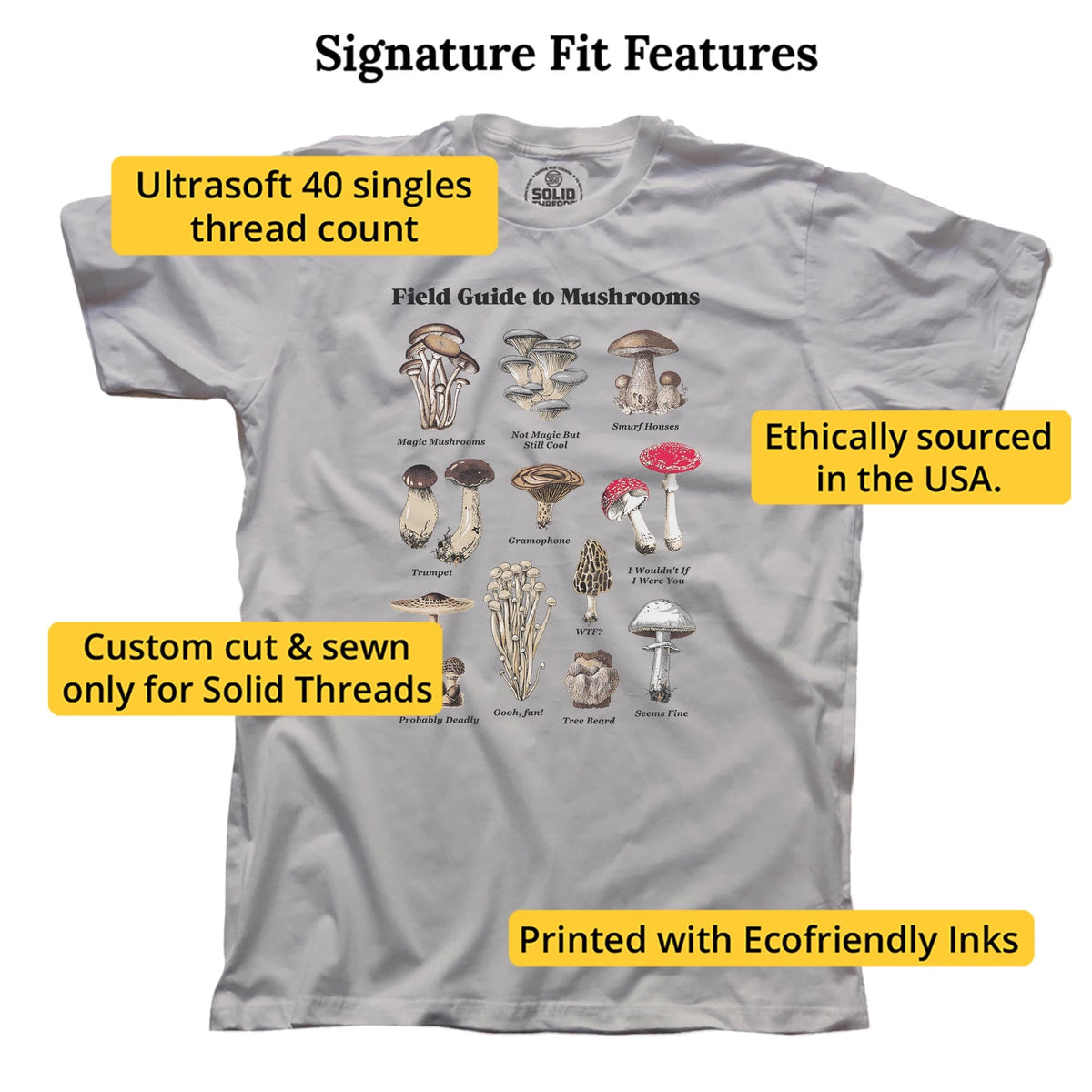 Field Guide To Mushrooms Vintage Signature T-shirt in Silver - Fit Attributes