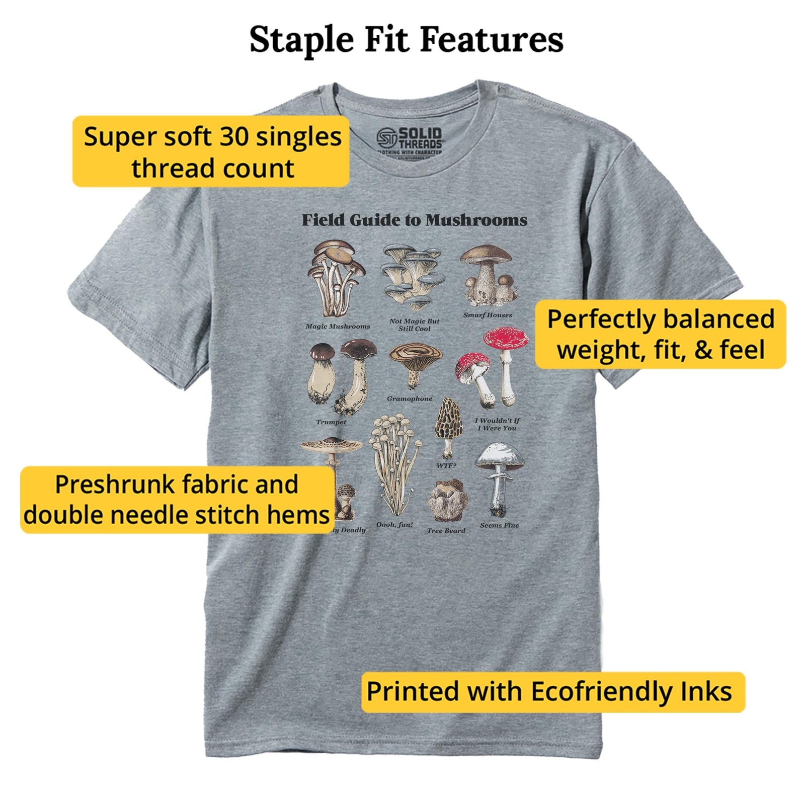 Field Guide To Mushrooms Vintage Staple T-shirt in Ash Heather - Fit Attributes