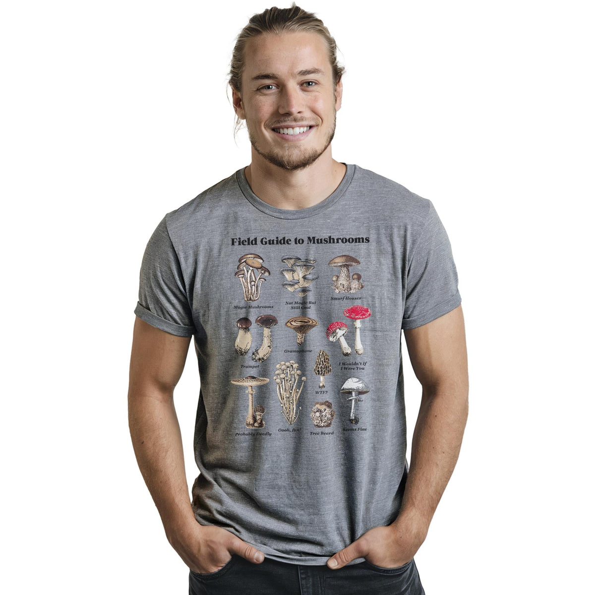 Field Guide To Mushrooms Vintage Staple T-shirt in Ash Heather On Model - Front View