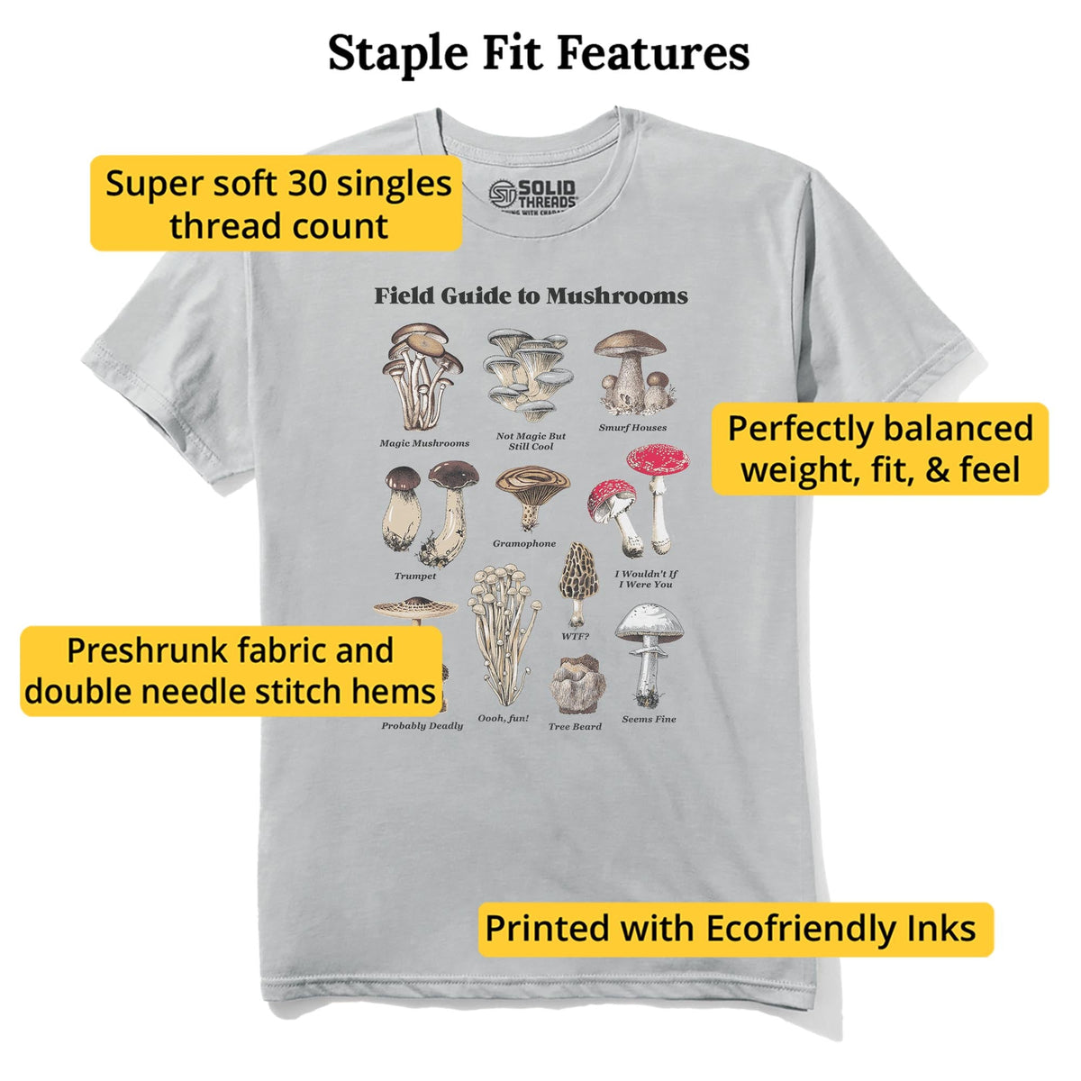 Field Guide To Mushrooms Vintage Staple T-shirt in Silver - Fit Attributes
