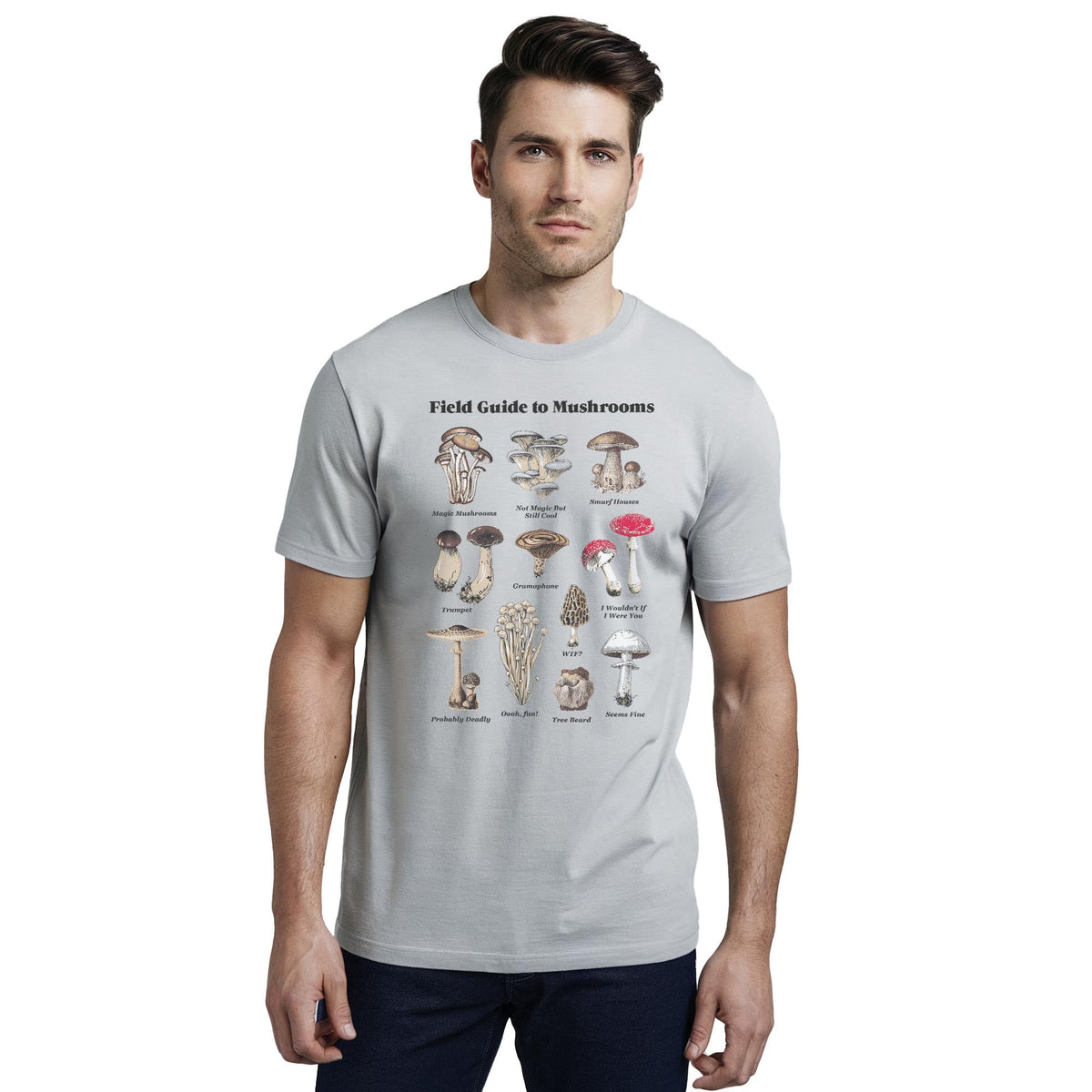Field Guide To Mushrooms Vintage Staple T-shirt in Silver On Model - Front View