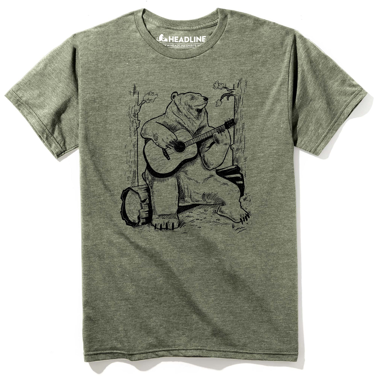 Men&#39;s Acoustic Guitar Bear Cool Graphic T-Shirt | Designer Forest Log Camping Tee | Solid Threads