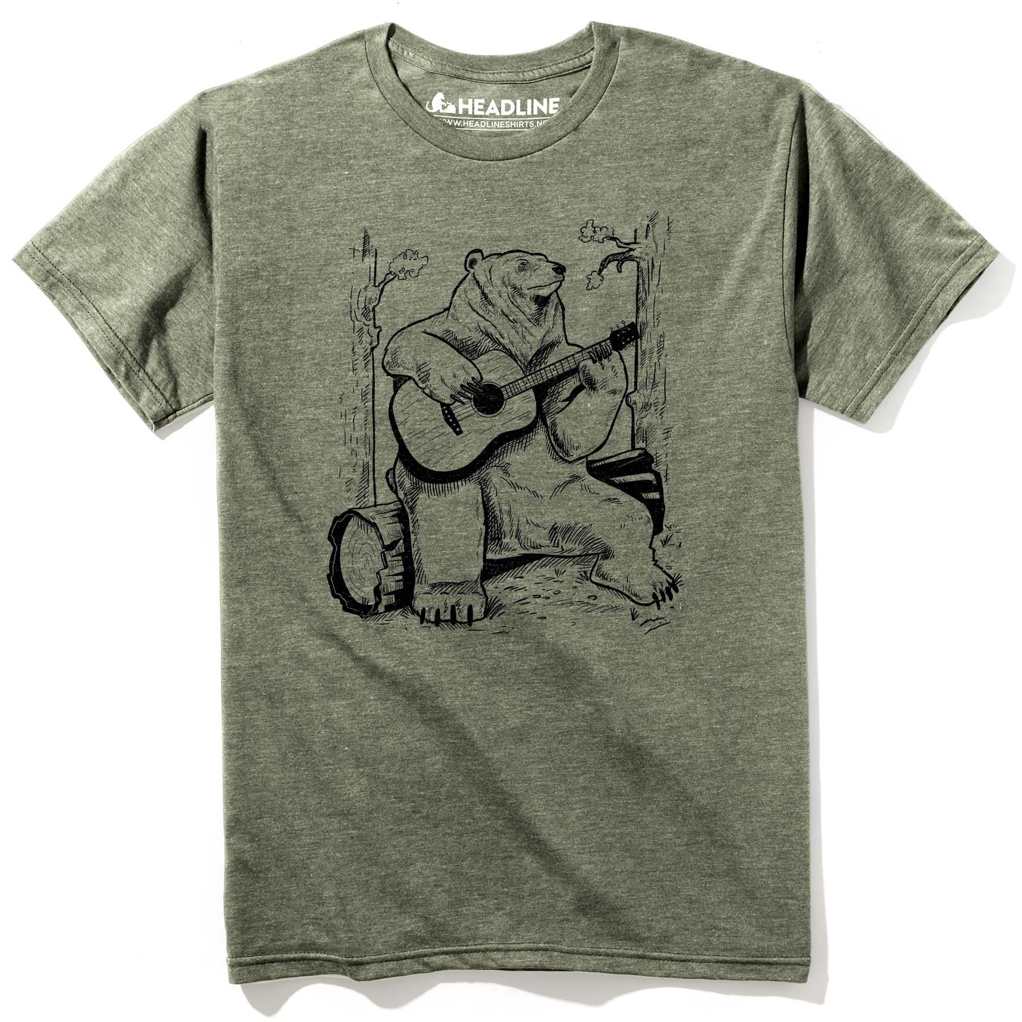Men's Acoustic Guitar Bear Cool Graphic T-Shirt | Designer Forest Log Camping Tee | Solid Threads