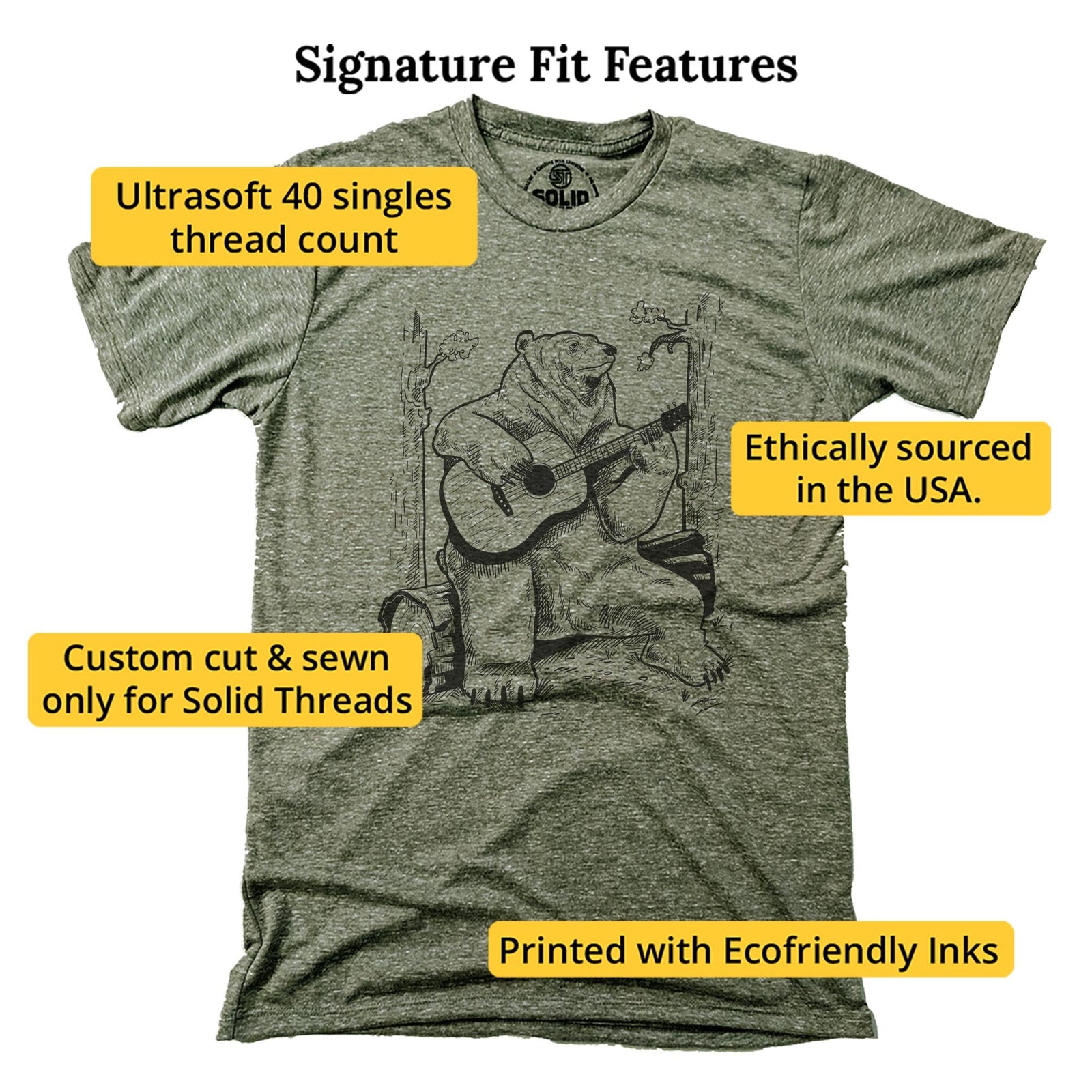 Acoustic Guitar Bear Cool Signature T-shirt in Triblend Olive - Fit Attributes