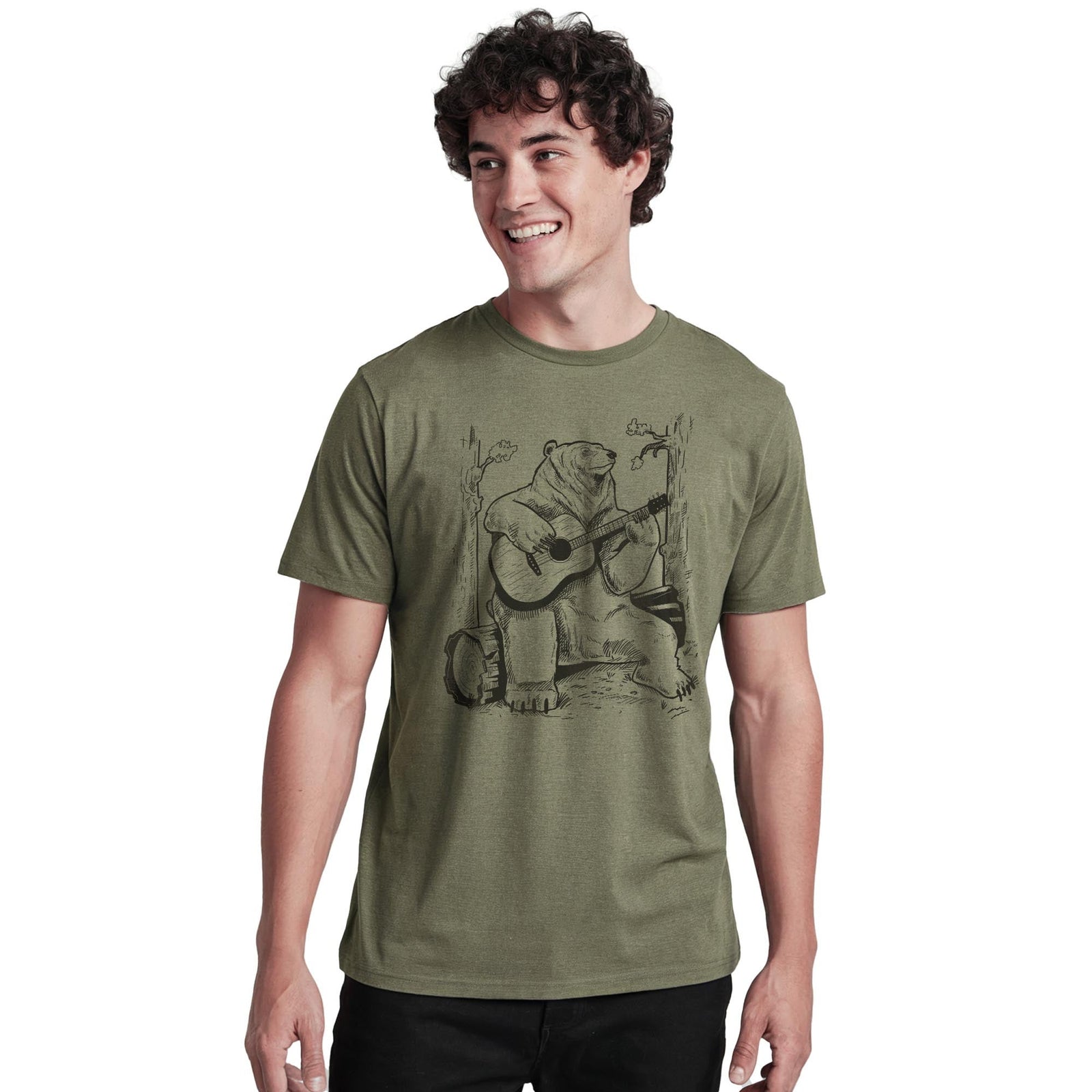 Acoustic Guitar Bear Cool Staple T-shirt in Olive Heather On Model - Front View